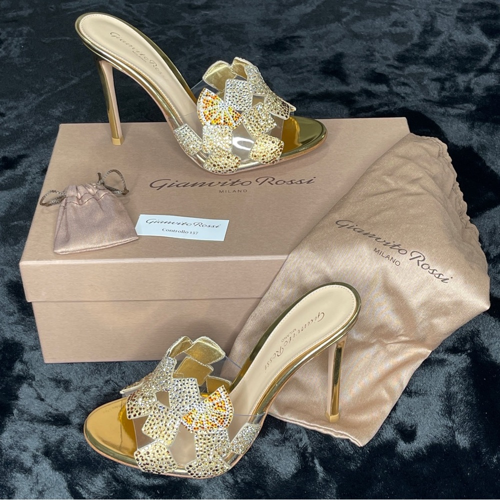 AUTH NEW GIANVITTO ROSSI RARE CRYSTAL MULES CLEAR GOLD SABOT HEEL 7 7.5 US 37.5